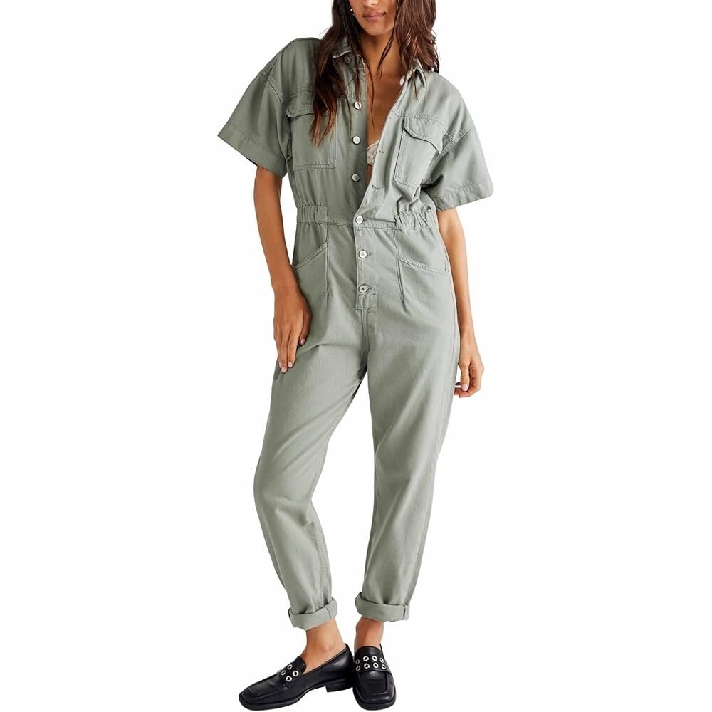 Free People Marci Jumpsuit Sz L Large Army Green Denim NEW NWT
